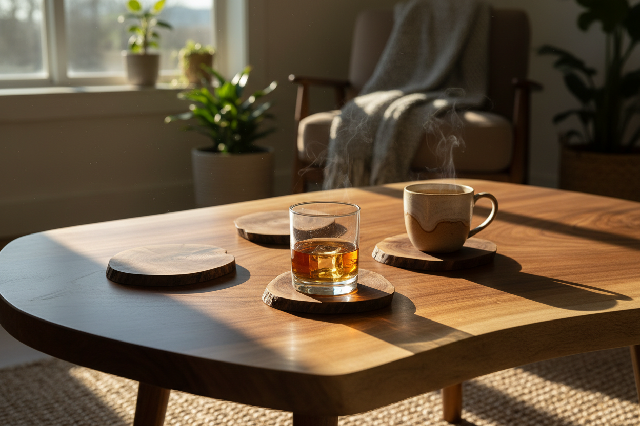 Four walnut coasters on a live-edge coffee table with a glass of bourbon in morning sunlight