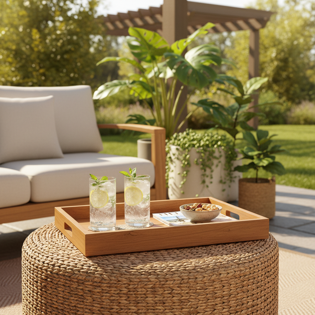 Solid teak serving tray on a rattan ottoman outdoors with iced drinks, snacks, and a magazine, surrounded by potted greenery