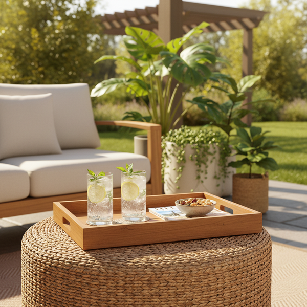 Solid teak serving tray on a rattan ottoman outdoors with iced drinks, snacks, and a magazine, surrounded by potted greenery