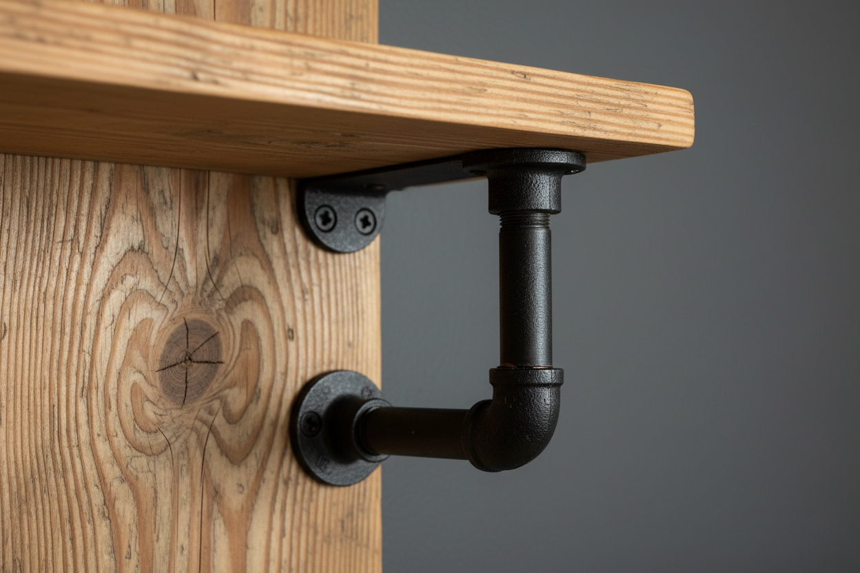 Close-up of reclaimed pine shelf surface and iron pipe bracket showing natural wood grain and knots