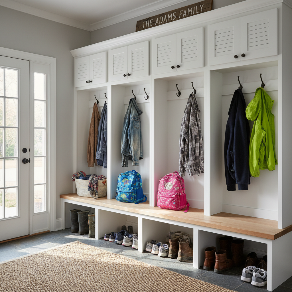 4-bay solid maple mudroom locker system filling an entry wall with coats on hooks, backpacks on bench, shoes on lower shelf