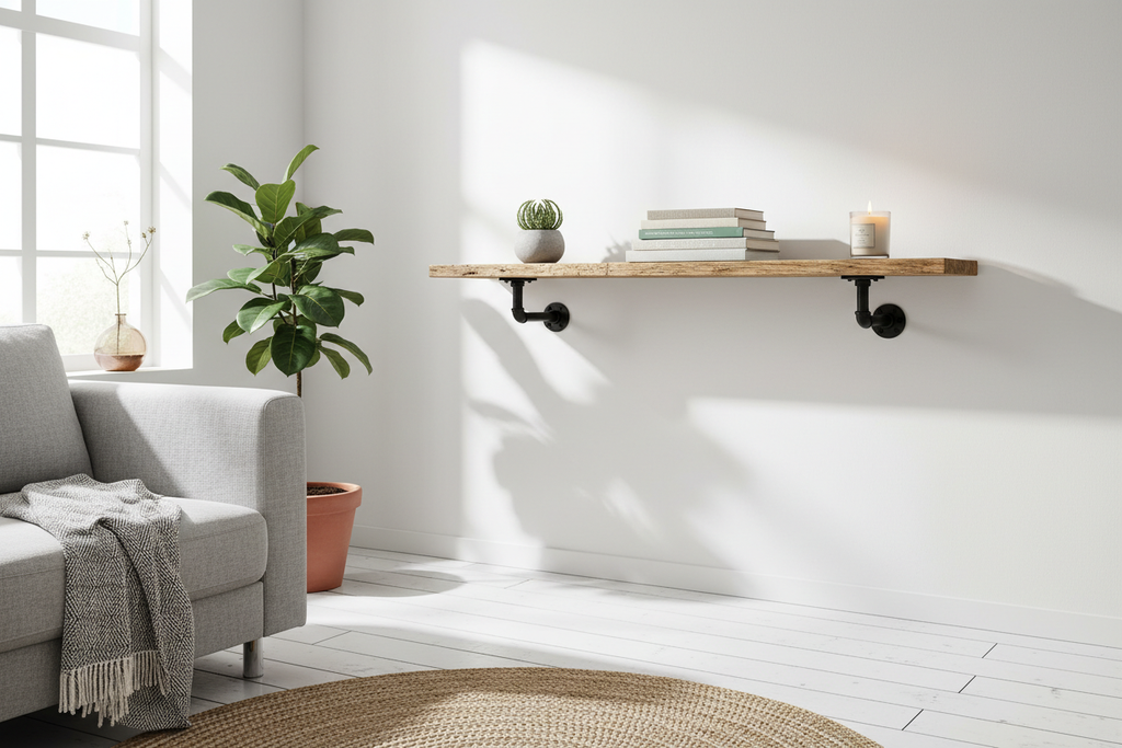 Reclaimed pine floating shelf with iron pipe brackets in a bright Scandinavian living room