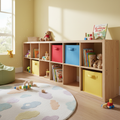 Low birch cubby bookshelf in a bright children's bedroom with colorful bins, picture books, and a soft rug in morning light