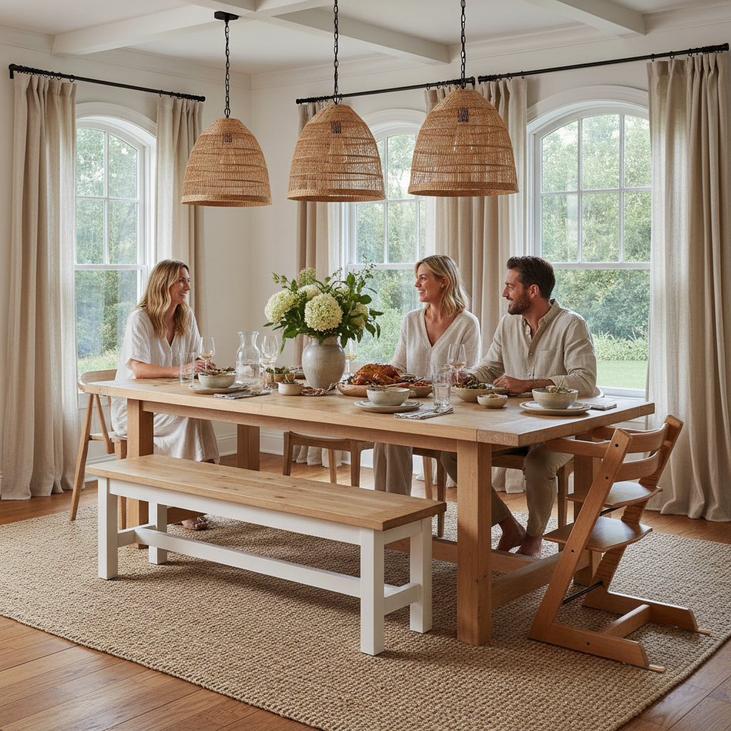Solid white oak dining bench at a farmhouse dining table with adults seated, pendant lights above in warm evening light