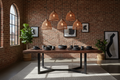 Live-edge black walnut dining table set for six with rattan pendant lights and exposed brick wall