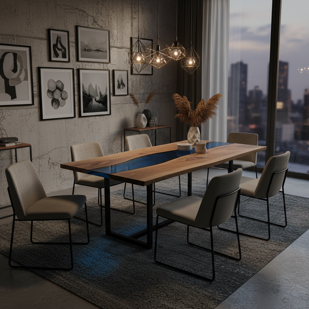 84-inch live-edge walnut river table with blue epoxy resin river as dining room centerpiece with modern chairs and pendant lights