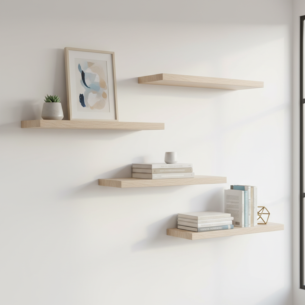 Three staggered white oak floating shelves on a minimalist home office wall with books, plant, and framed print