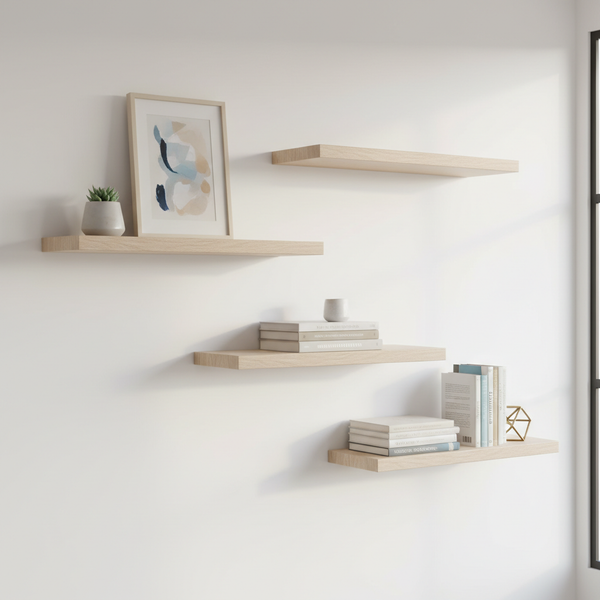Three staggered white oak floating shelves on a minimalist home office wall with books, plant, and framed print