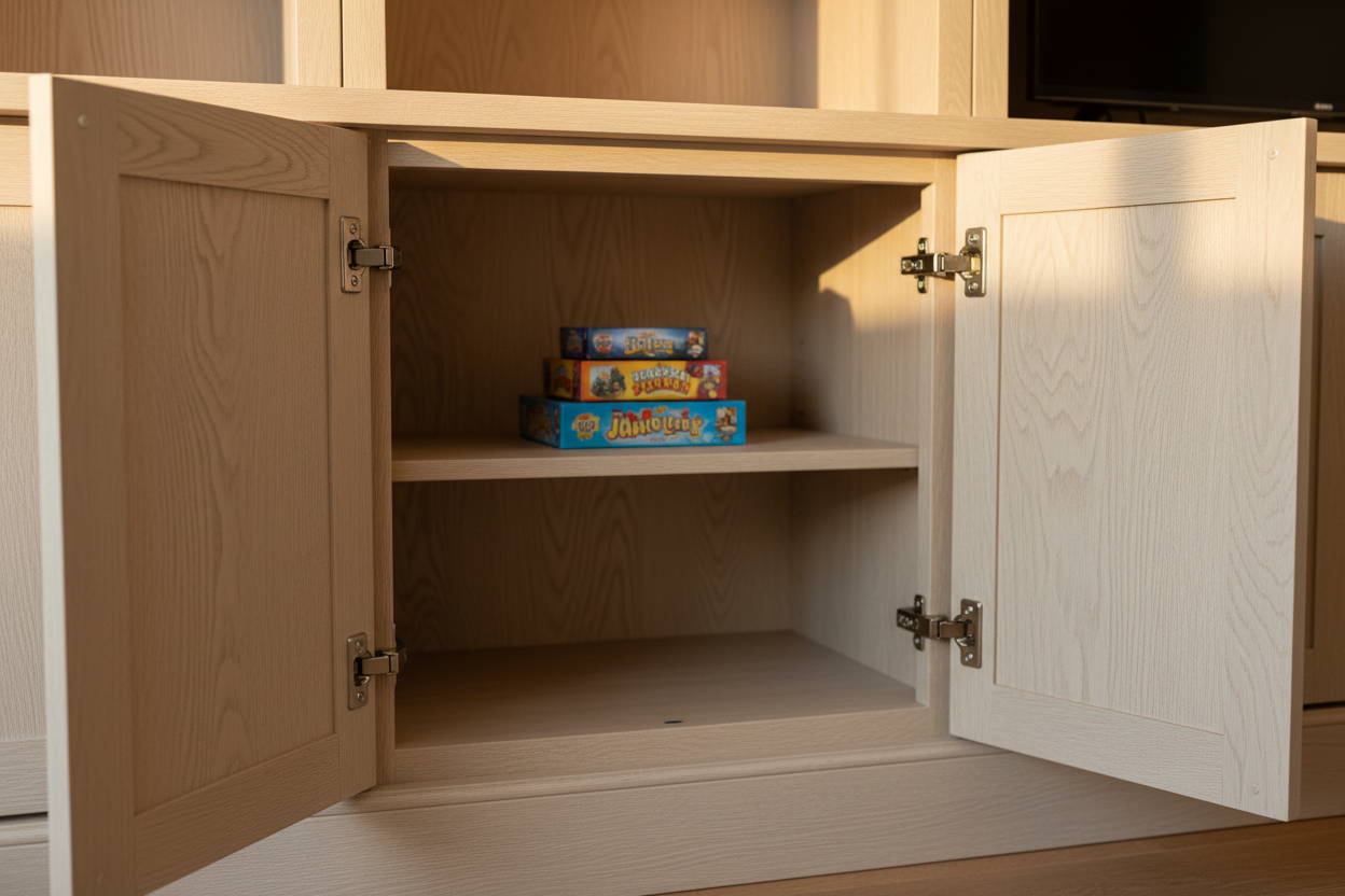 Close-up of open lower cabinet doors showing soft-close hinge hardware and white oak grain interior