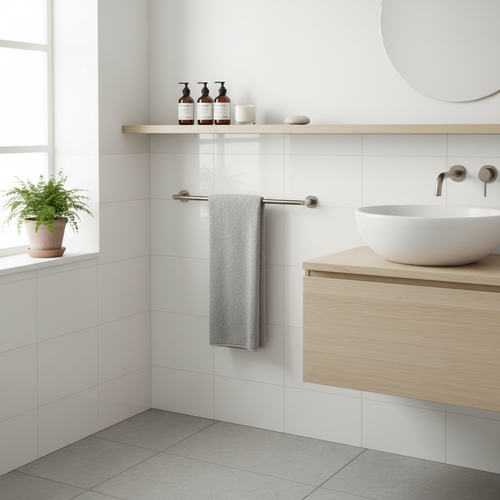 White oak bathroom shelf with stainless towel bar above a vessel sink in a Scandinavian-style bathroom with white tiles