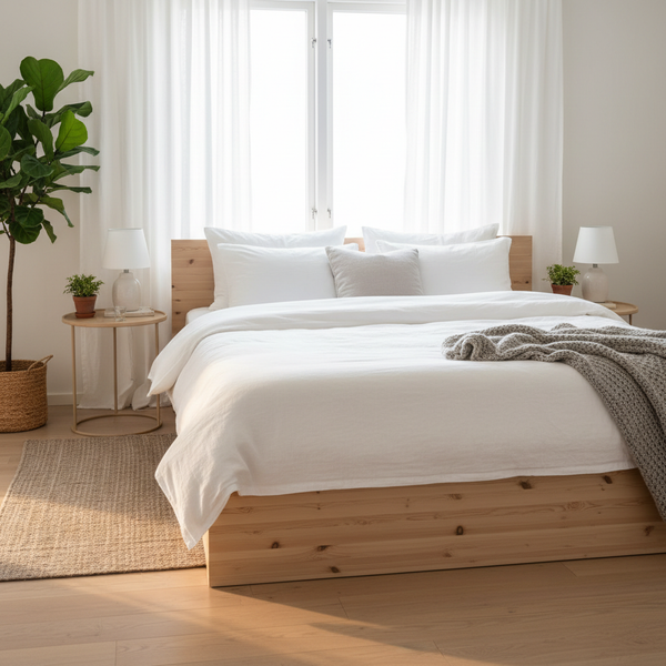 Solid pine platform bed frame with white bedding in a bright airy master bedroom with morning light through linen curtains