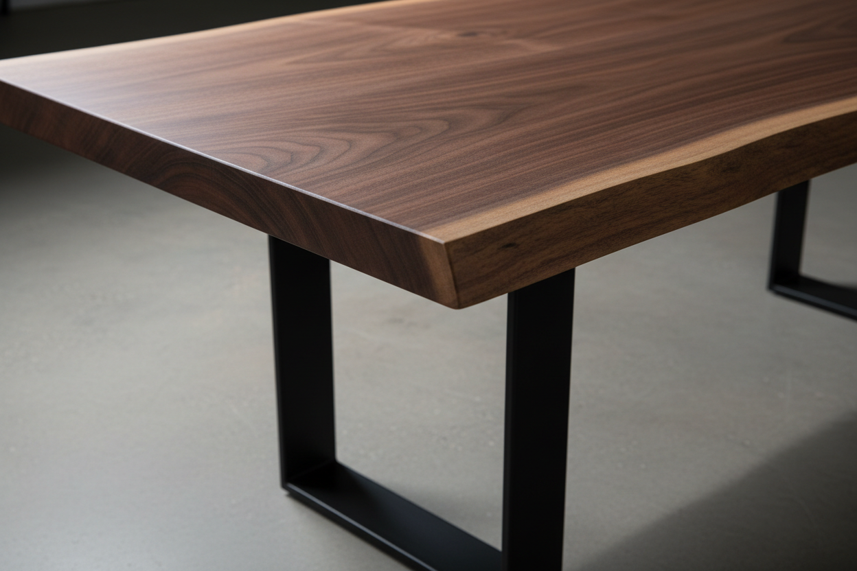 Close-up of live edge walnut slab and powder-coated steel base junction showing Rubio Monocoat finish