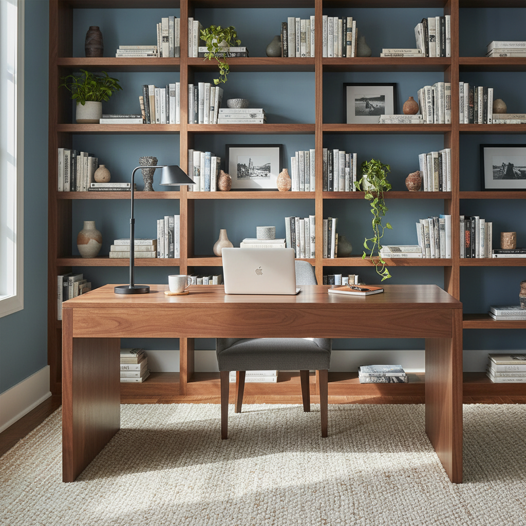 60-inch solid walnut writing desk in a refined home office with built-in bookshelves, laptop, desk lamp, and warm morning light