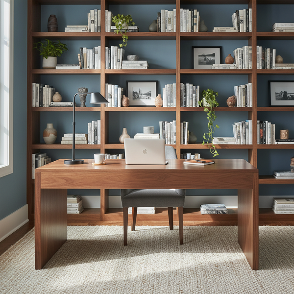 60-inch solid walnut writing desk in a refined home office with built-in bookshelves, laptop, desk lamp, and warm morning light