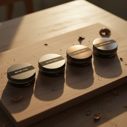Four wax finish tins arranged on a raw walnut board with warm directional light