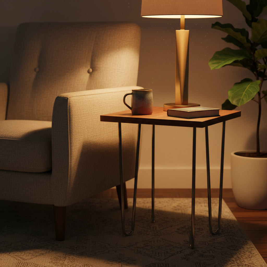 Solid walnut hairpin leg side table beside a linen armchair with ceramic mug and book in warm evening lamp light