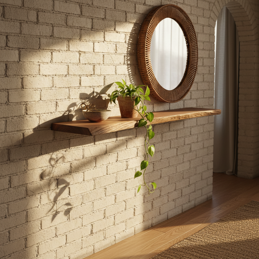 Live-edge walnut slab shelf mounted in a home entryway with ceramic bowl, keys, and trailing plant on whitewashed brick wall