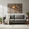 Reclaimed barn wood mosaic panel as living room accent wall focal point with mid-century modern sofa and warm pendant light