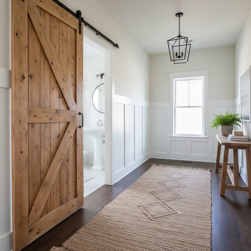 Knotty pine sliding barn door with Z-brace on black track in a modern farmhouse hallway, half-open revealing white bathroom