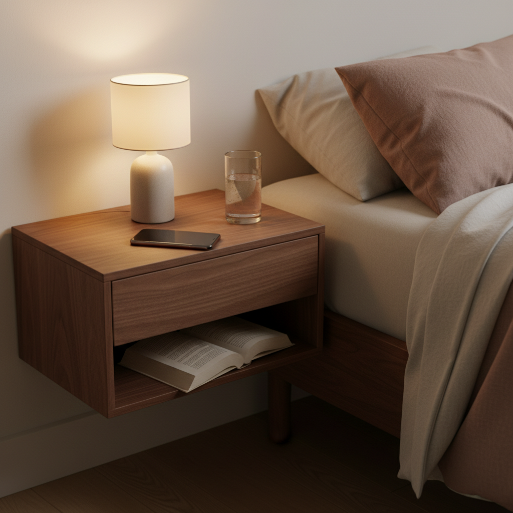 Solid walnut floating nightstand mounted at mattress height with bedside lamp, phone, water glass, and book in drawer
