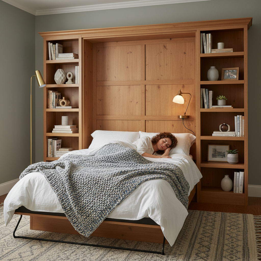 Murphy bed folded down in a small home office guest room with desk panel up against pine cabinet, bookshelves on either side