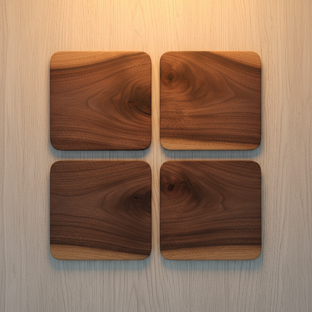 Overhead flat-lay of four solid walnut coasters in a 2x2 grid on white oak tabletop