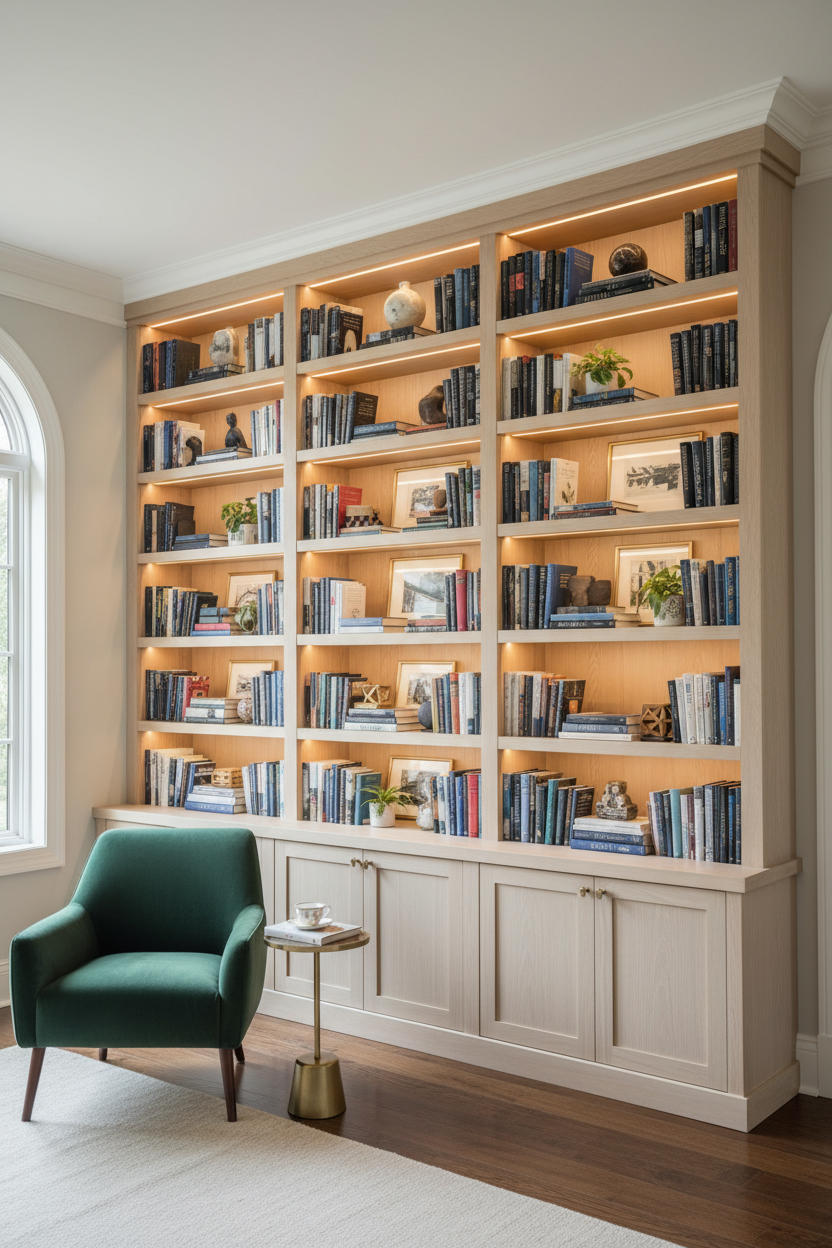 Floor-to-ceiling white oak built-in bookcase installed in a home, filled with books and art objects with recessed lighting